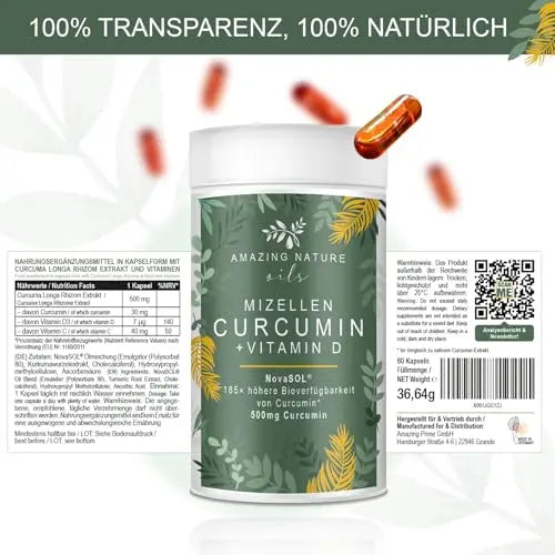 Amazing Nature Mizellares Curcumin mit NovaSOL® – Nährwertangaben und Zutaten auf der Verpackung