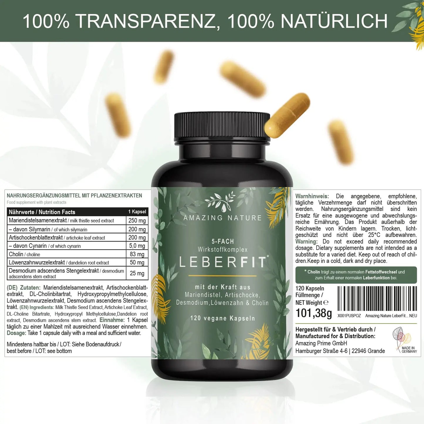 LeberFit Mariendistel Kapseln Hochdosiert 5-Fach Komplex 1 x 120 vegane Kapseln Laborgeprüft aus 80% Silymarin Mariendistel Artischocke Löwenzahn Desmodium und Cholin. Amazing Prime GmbH