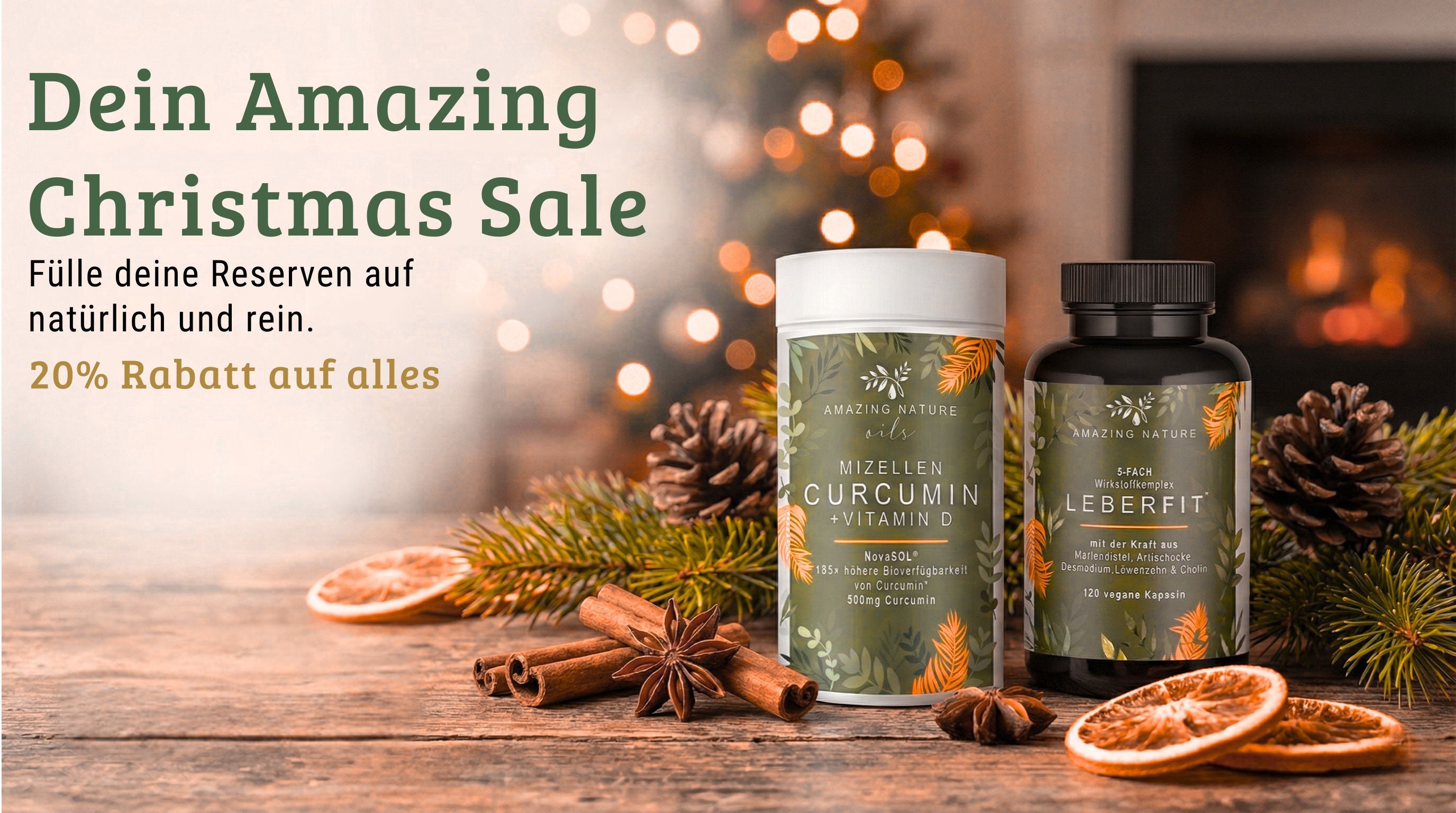 Amazing Nature Nahrungsergänzungsmittel Sale: Mizellen Curcumin + Vitamin D und Leberfit Komplex mit 20% Weihnachtsrabatt.