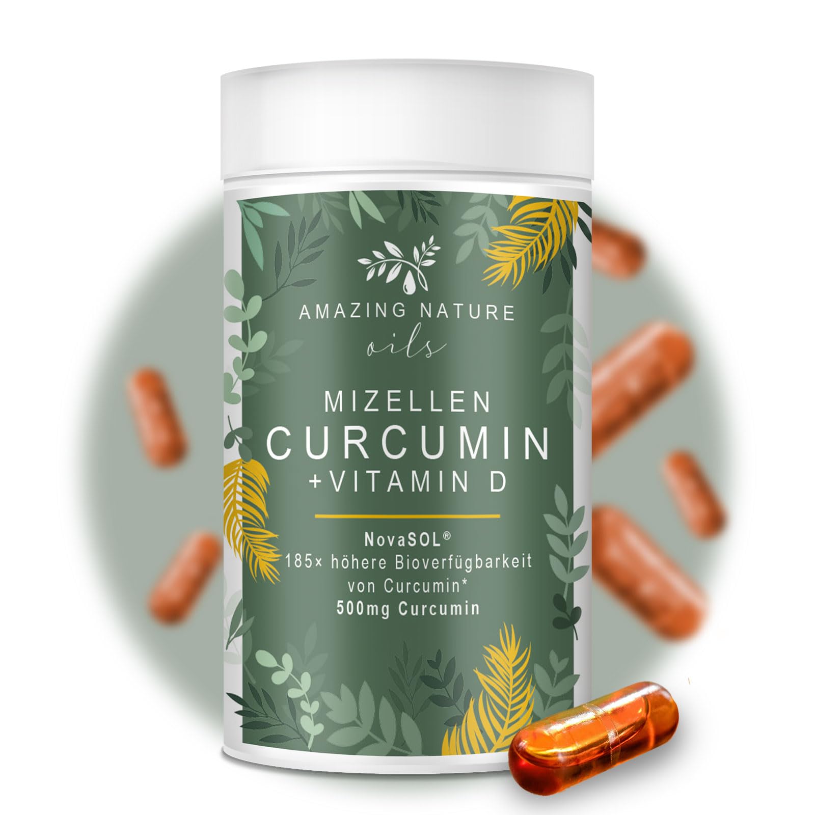 Mizellen Curcuma Kapseln Hochdosiert mit 185x höher verfügbarem NovaSOL Curcumin angereichert mit Vitamin D und C ohne Piperin 1 x 60 Premium Flüssig Kurkuma Kapseln Hochdosiert