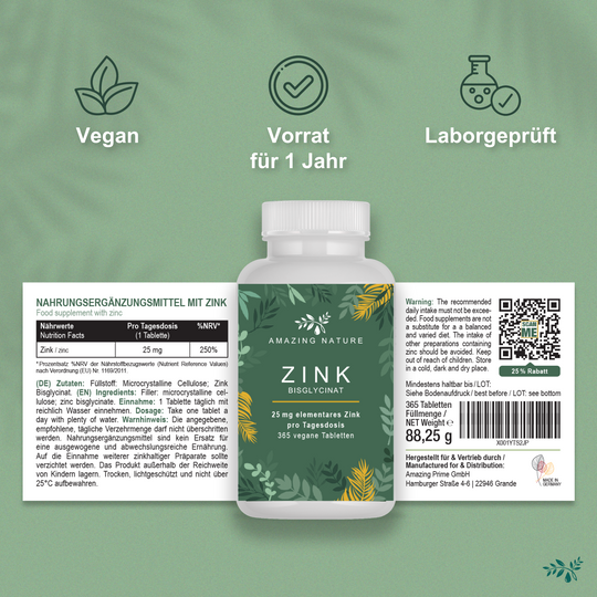 Zink 25mg - Zinkbisglycinat (Zink-Chelat) - 365 magenfreundliche Zink Tabletten